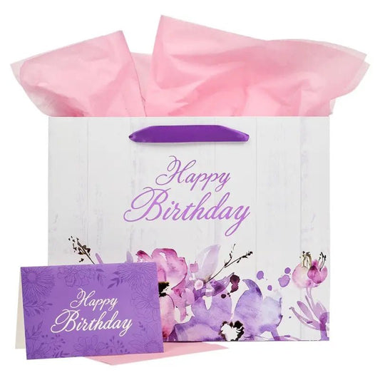 Happy Birthday Purple Floral Large Landscape Gift Bag and Card Set Image Angle - Gift Bags