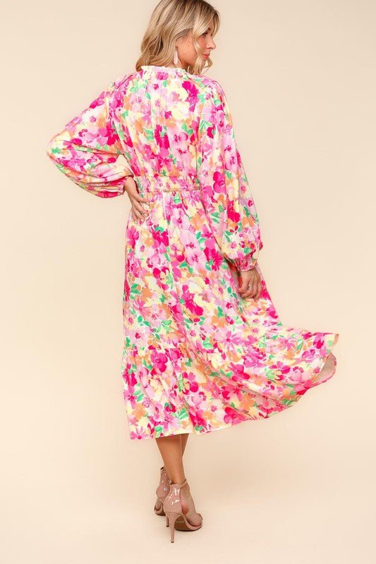 Haptics Full Size Floral Surplice Balloon Sleeve Dress with Side Pockets | Dresses | 2