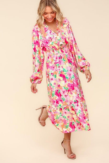 Haptics Full Size Floral Surplice Balloon Sleeve Dress with Side Pockets | Dresses | 3