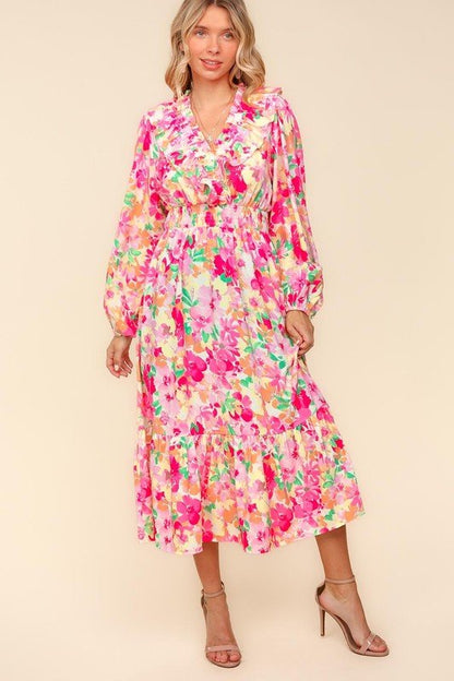 Haptics Full Size Floral Surplice Balloon Sleeve Dress with Side Pockets | Dresses | 6