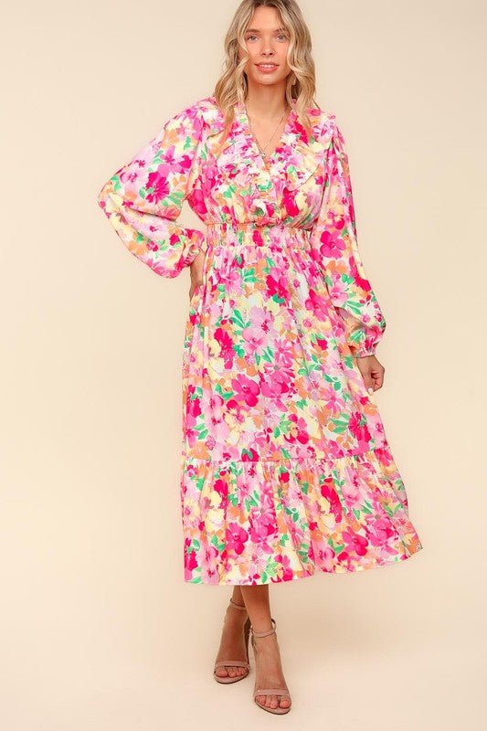 Haptics Full Size Floral Surplice Balloon Sleeve Dress with Side Pockets | Dresses | 1