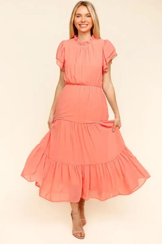 Haptics Full Size Tiered Frill Mock Neck Short Sleeve Dress - Peach / S - Dresses