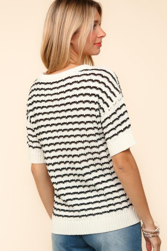 Haptics Openwork Striped Round Neck Half Sleeve Knit Top | Tops | 2