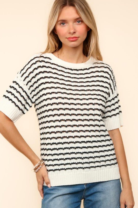 Haptics Openwork Striped Round Neck Half Sleeve Knit Top | Tops | 1