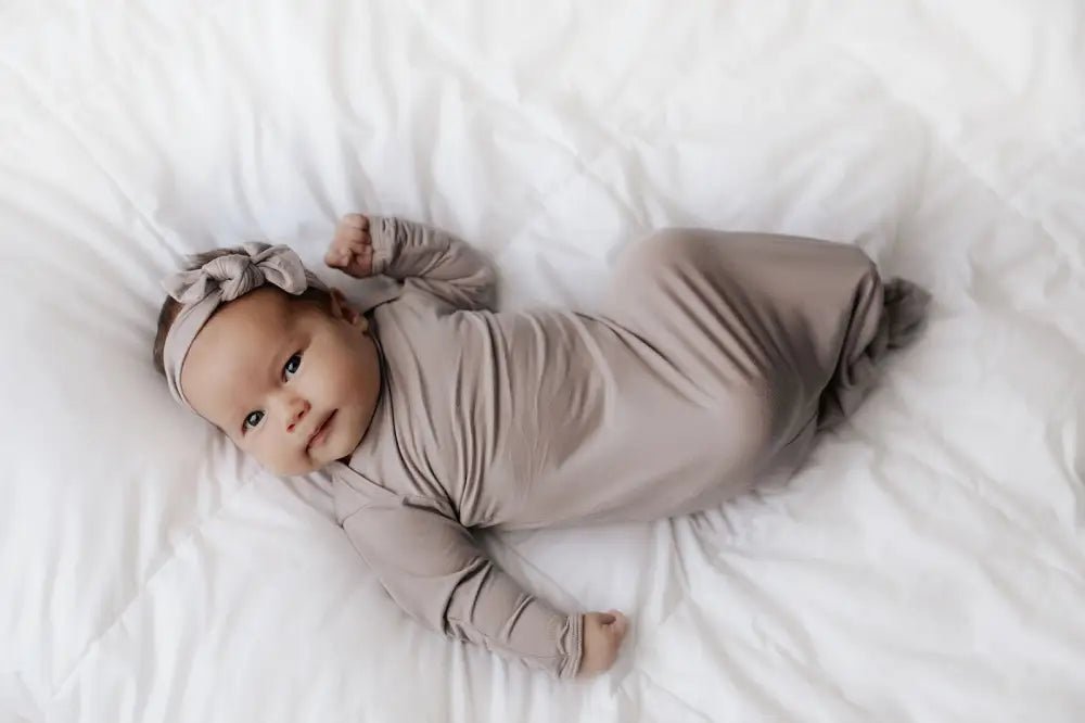 Harbor Mist Neutral Knotted Newborn Baby Gown by Three Little Tots - Unisex Onesies
