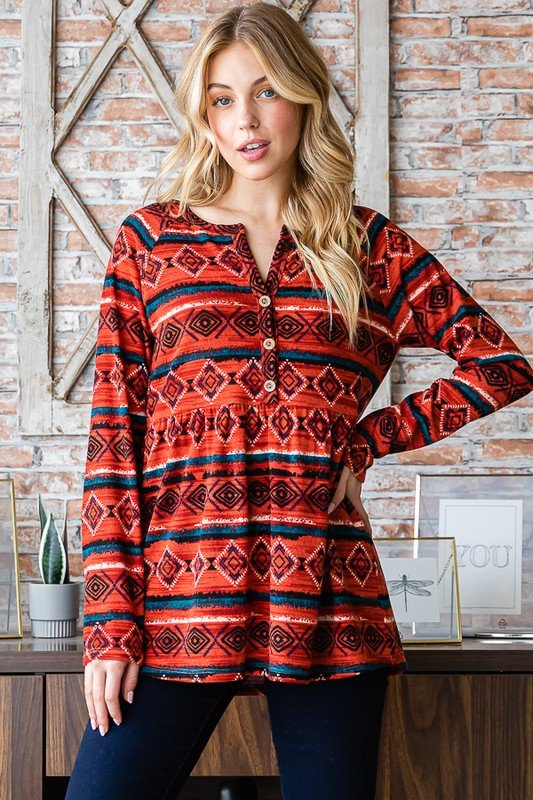 Heimish Full Size Geometric Button Detail Long Sleeve Babydoll Top | Tops | 5