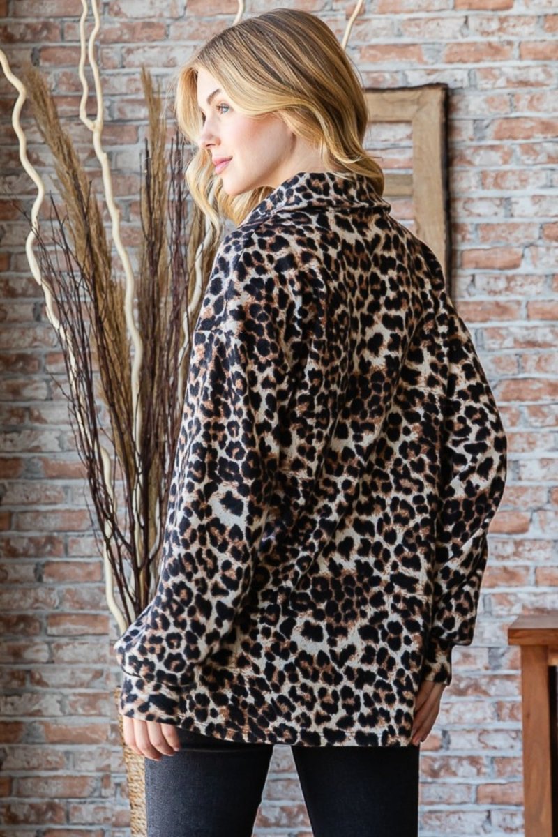 Heimish Full Size Leopard Johnny Collar Long Sleeve Top | Tops | 2