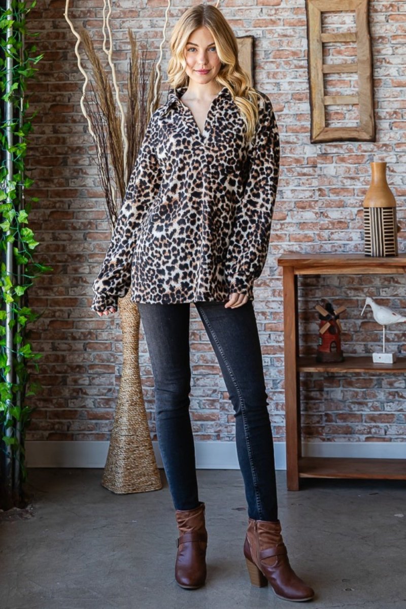 Heimish Full Size Leopard Johnny Collar Long Sleeve Top | Tops | 6