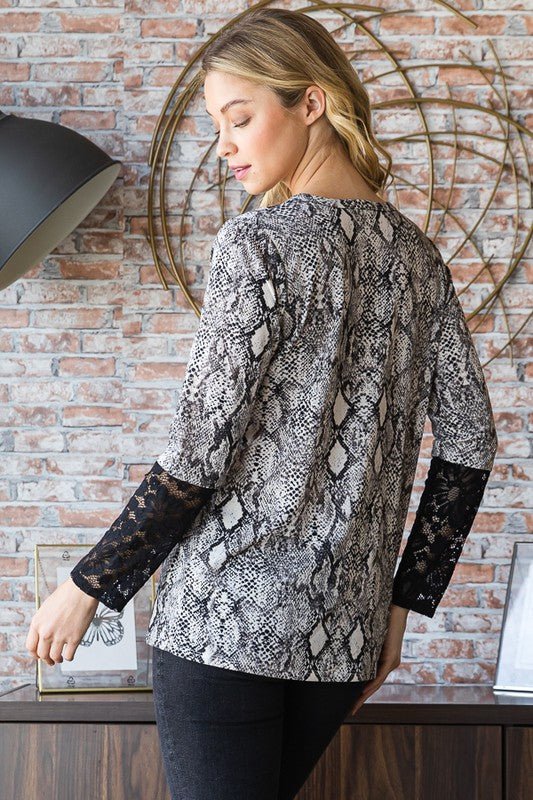 Heimish Full Size Snakeskin Print Round Neck Lace Contrast Top | Tops | 2