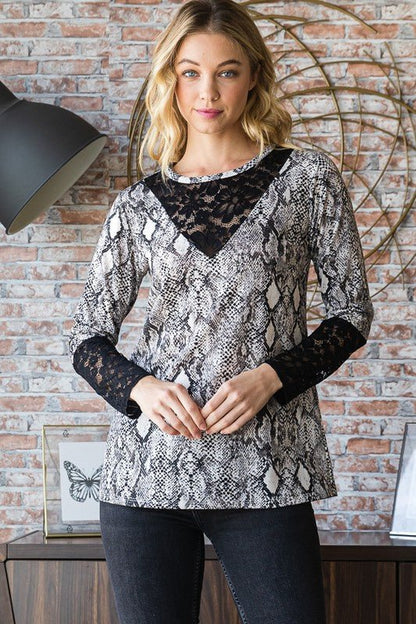 Heimish Full Size Snakeskin Print Round Neck Lace Contrast Top | Tops | 4