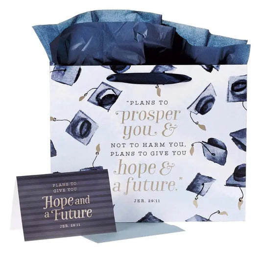 Hope and a Future Large Blue Gift Bag Set for Graduates with Card and Envelope - Jeremiah 29:11 - Gift Bags