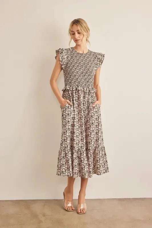 In February Floral Smocked Ruffled Midi Dress - Black/Peach / S - Dresses
