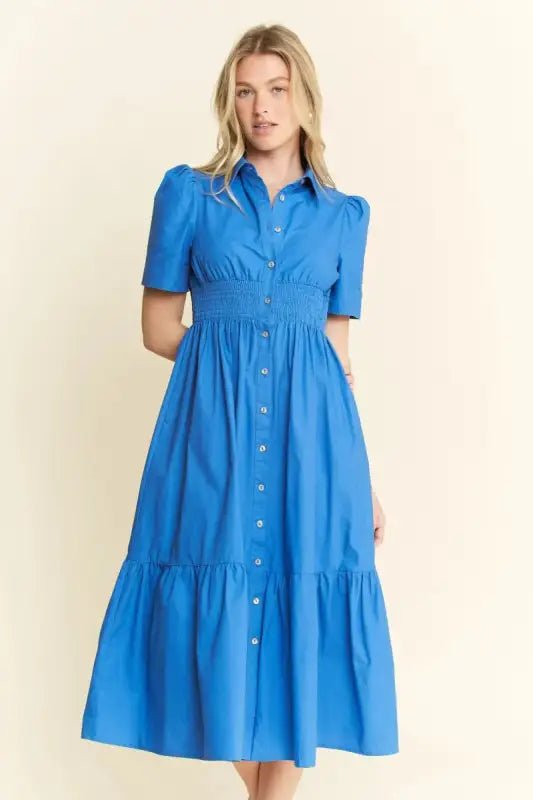 Jade By Jane Short Sleeve Button Down Midi Dress - BLUE / S - Dresses