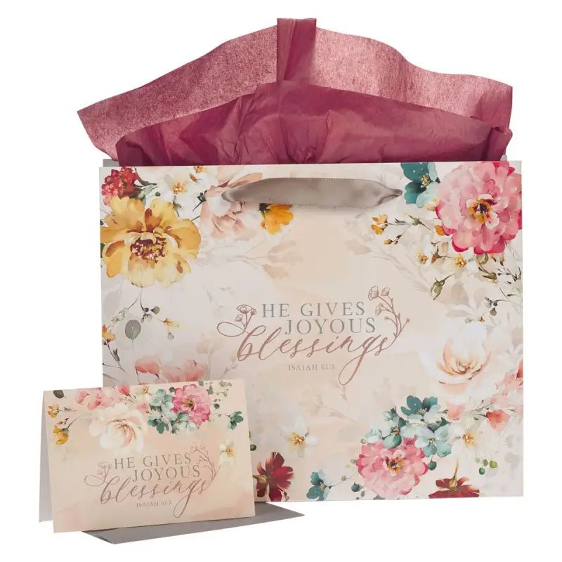 Joyous Blessings Floral Peach Large Landscape Gift Bag Set with Card - Isaiah 61:3 - Gift Bags