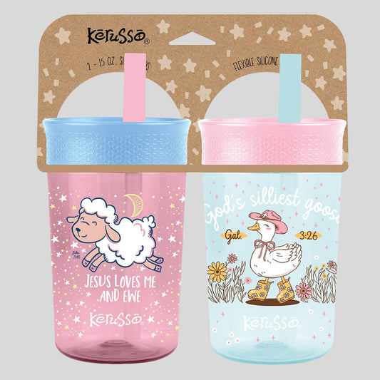 Kerusso 15 oz Silicone Straw Cup Goose & Lamb (2 Pack) | Kids Cups | 1
