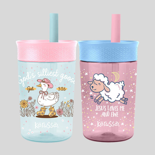 Kerusso 15 oz Silicone Straw Cup Goose & Lamb (2 Pack) | Kids Cups | 2