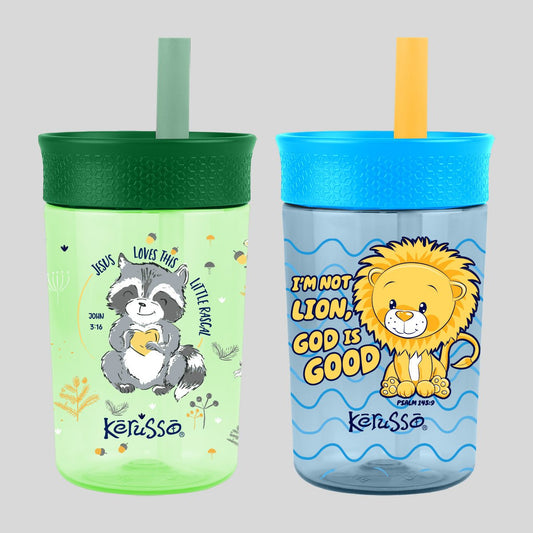 Kerusso 15 oz Silicone Straw Cup Raccoon & Lion (2 Pack) | Kids Cups | 2