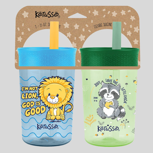 Kerusso 15 oz Silicone Straw Cup Raccoon & Lion (2 Pack) | Kids Cups | 1
