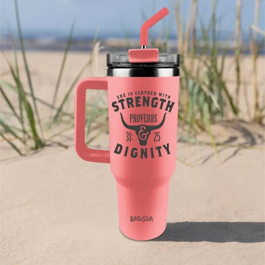 Kerusso 40 oz Stainless Steel Mug With Straw Strength Cow Horns - 40 oz. / Peach - Stainless Steel Mugs
