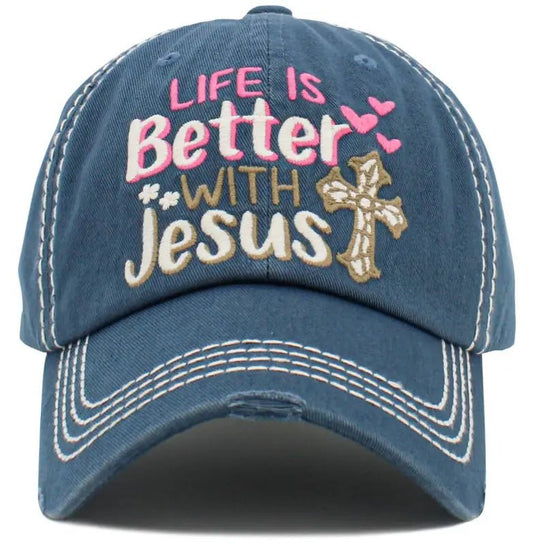 Life Is Better With Jesus Washed Vintage Blue Ballcap - Caps blue baseball cap religious message