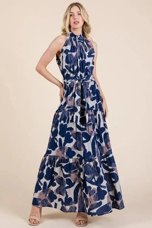 Lime ’N’ Chili Abstract Halter Neck Tie-Waist Tiered Maxi Dress - NAVY COMBO / S - Dresses