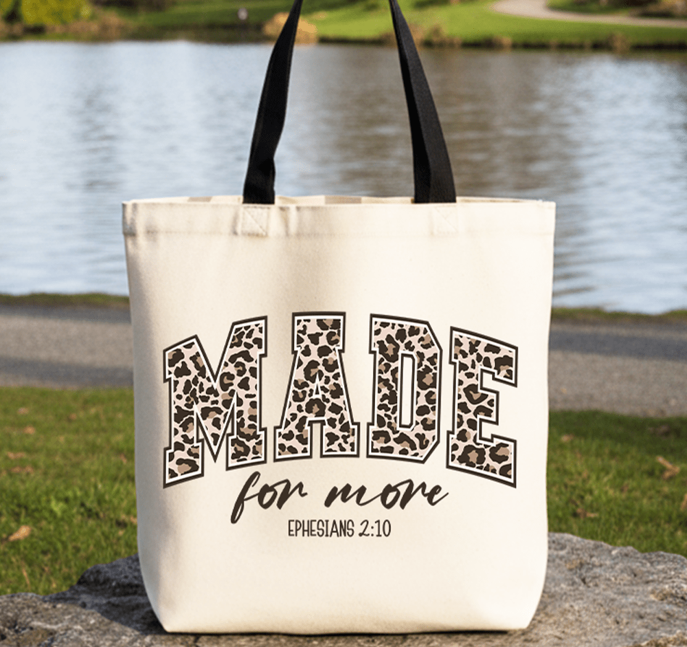 Made for More Ephesians 2:10 Leopard Print Christian Canvas Tote Bag | Bags | 1