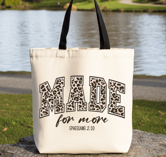 Made for More Ephesians 2:10 Leopard Print Christian Canvas Tote Bag | Bags | 1