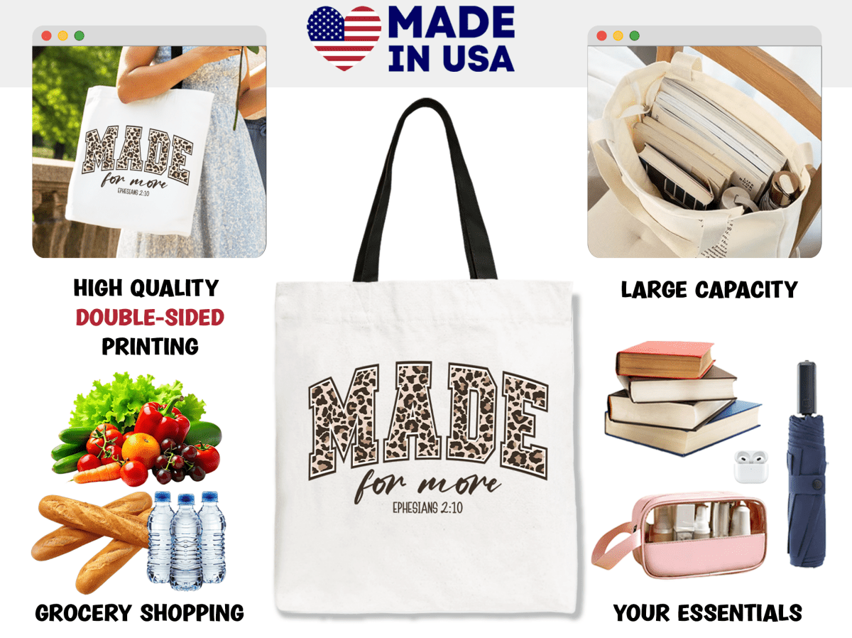 Made for More Ephesians 2:10 Leopard Print Christian Canvas Tote Bag | Bags | 3