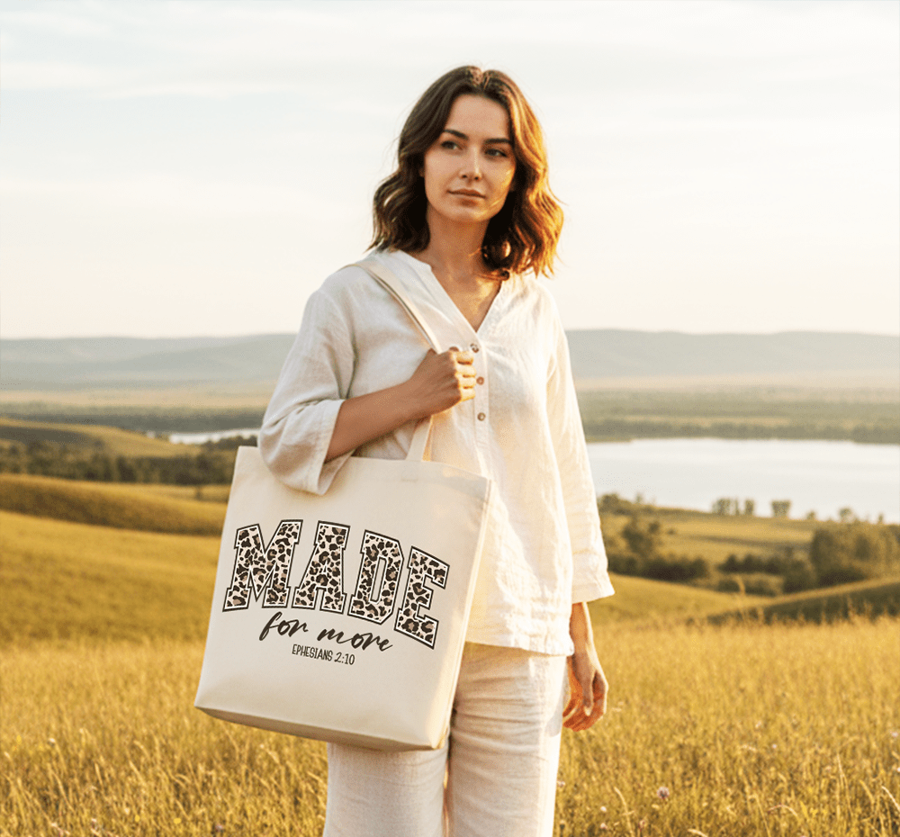 Made for More Ephesians 2:10 Leopard Print Christian Canvas Tote Bag | Bags | 7