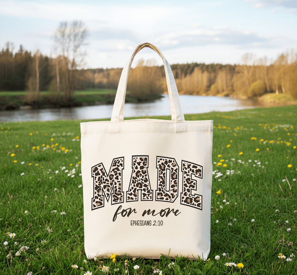 Made for More Ephesians 2:10 Leopard Print Christian Canvas Tote Bag | Bags | 4