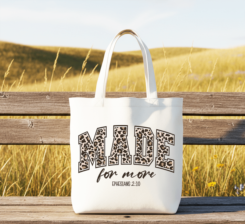 Made for More Ephesians 2:10 Leopard Print Christian Canvas Tote Bag | Bags | 2