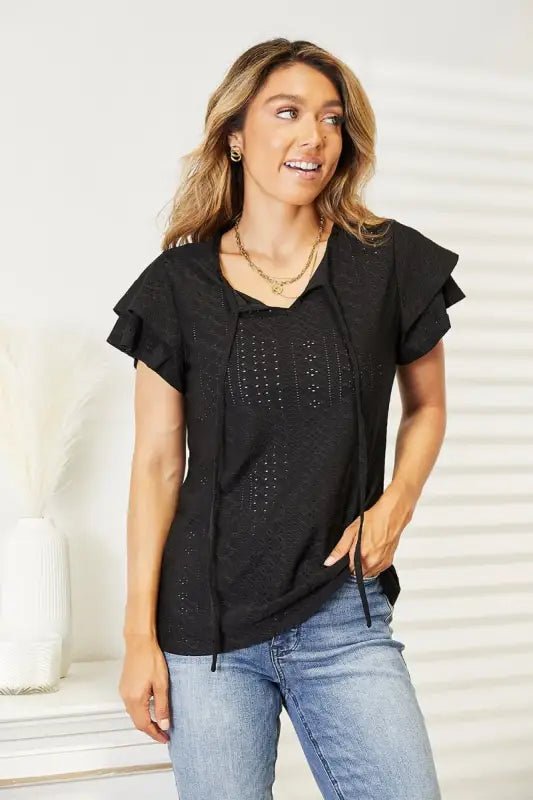 Mandy Eyelet Tie-Neck Flutter Sleeve Blouse - Black / S - Tops