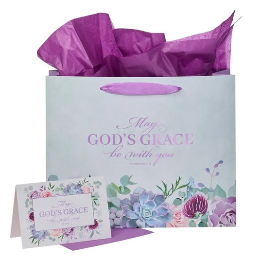 May God’s Grace Be With You Purple Succulent Large Landscape Gift Bag with Card - Colossians 4:18 - Gift Bags