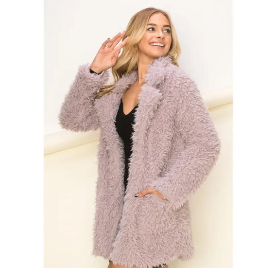 Mel Marie Lavender Oversized Long Sleeve Faux Fur Coat - Small - Jackets lavender faux fur coat