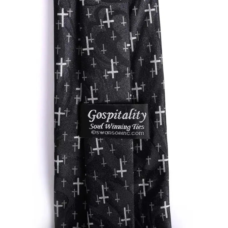 Men’s Christian Cross Tie – Black Handprinted Necktie with Floating Grey Cross Pattern - Neckties