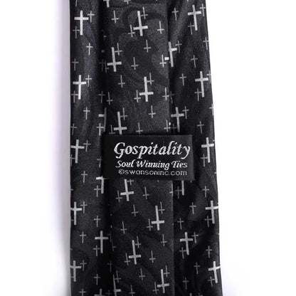 Men’s Christian Cross Tie – Black Handprinted Necktie with Floating Grey Cross Pattern - Neckties