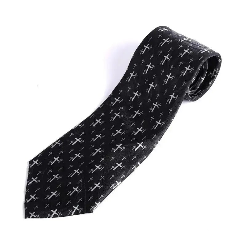 Men’s Christian Cross Tie – Black Handprinted Necktie with Floating Grey Cross Pattern - Neckties