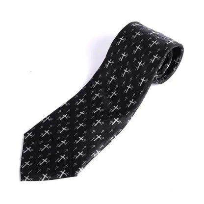 Men’s Christian Cross Tie – Black Handprinted Necktie with Floating Grey Cross Pattern - Neckties