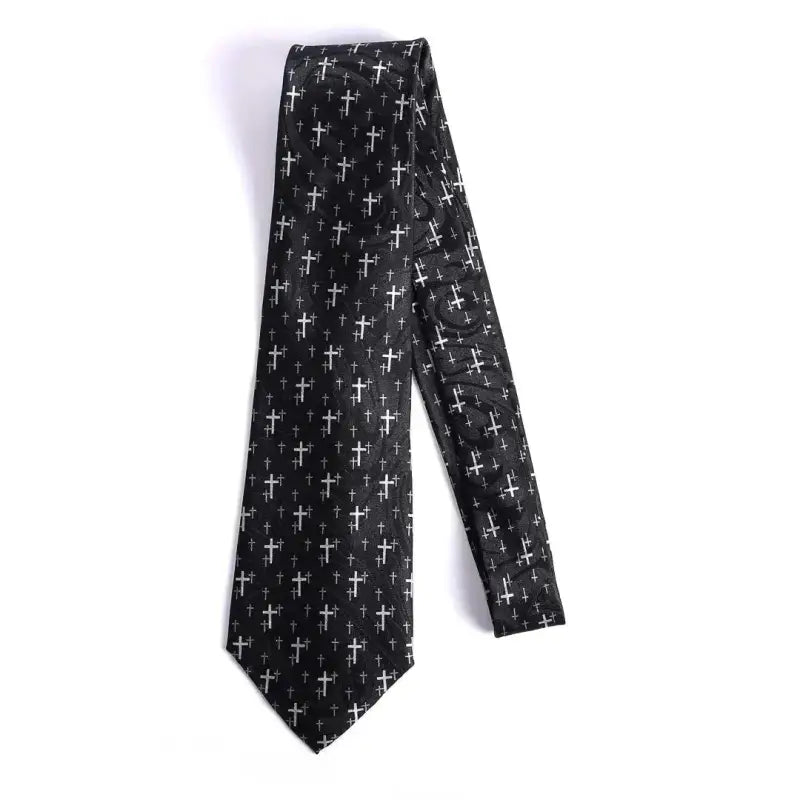 Men’s Christian Cross Tie – Black Handprinted Necktie with Floating Grey Cross Pattern - Neckties