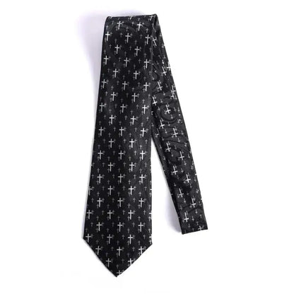 Men’s Christian Cross Tie – Black Handprinted Necktie with Floating Grey Cross Pattern - Neckties
