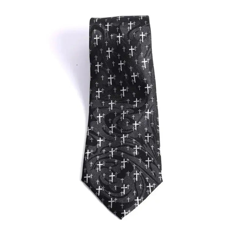 Men’s Christian Cross Tie – Black Handprinted Necktie with Floating Grey Cross Pattern - Neckties