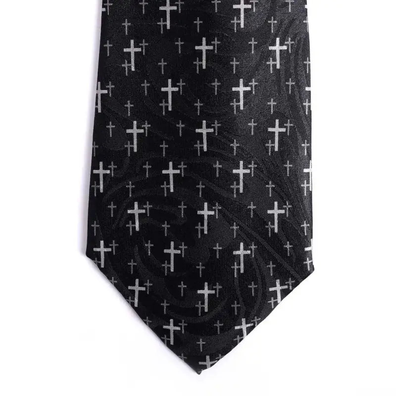 Men’s Christian Cross Tie – Black Handprinted Necktie with Floating Grey Cross Pattern - Neckties
