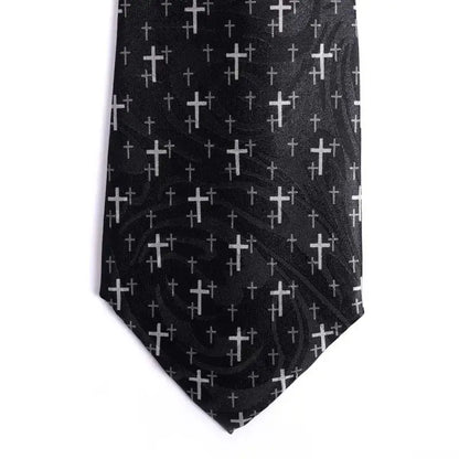 Men’s Christian Cross Tie – Black Handprinted Necktie with Floating Grey Cross Pattern - Neckties