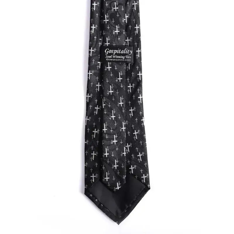 Men’s Christian Cross Tie – Black Handprinted Necktie with Floating Grey Cross Pattern - Neckties
