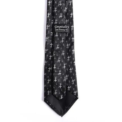 Men’s Christian Cross Tie – Black Handprinted Necktie with Floating Grey Cross Pattern - Neckties
