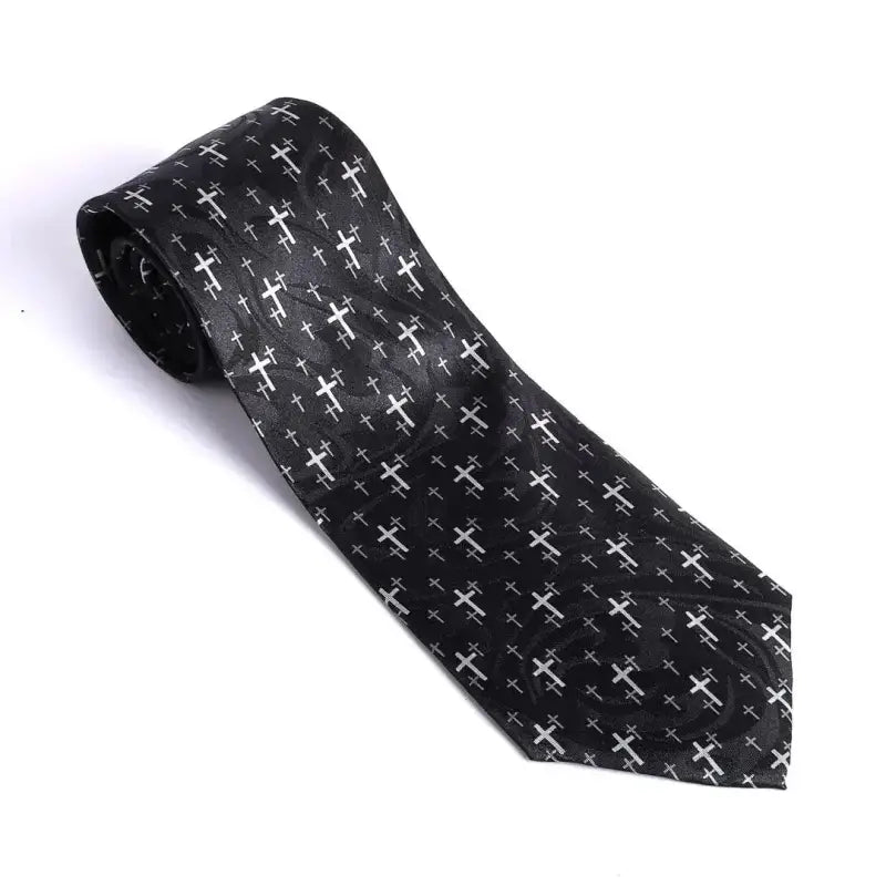 Men’s Christian Cross Tie – Black Handprinted Necktie with Floating Grey Cross Pattern - Neckties