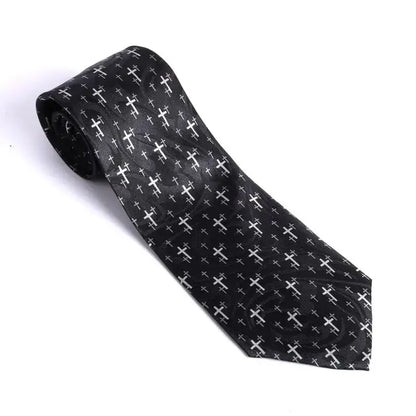 Men’s Christian Cross Tie – Black Handprinted Necktie with Floating Grey Cross Pattern - Neckties