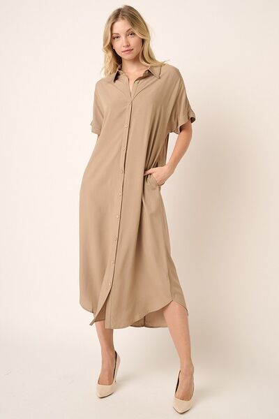 Mittoshop Collared Neck Dolman Short Sleeve Midi Shirt Dress | Dresses | 1