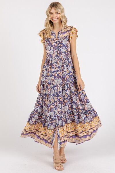 Mittoshop Floral Ruffled Notched Cap Sleeve Maxi Dress | Dresses | 2