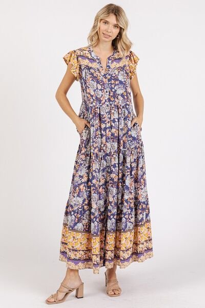 Mittoshop Floral Ruffled Notched Cap Sleeve Maxi Dress | Dresses | 3